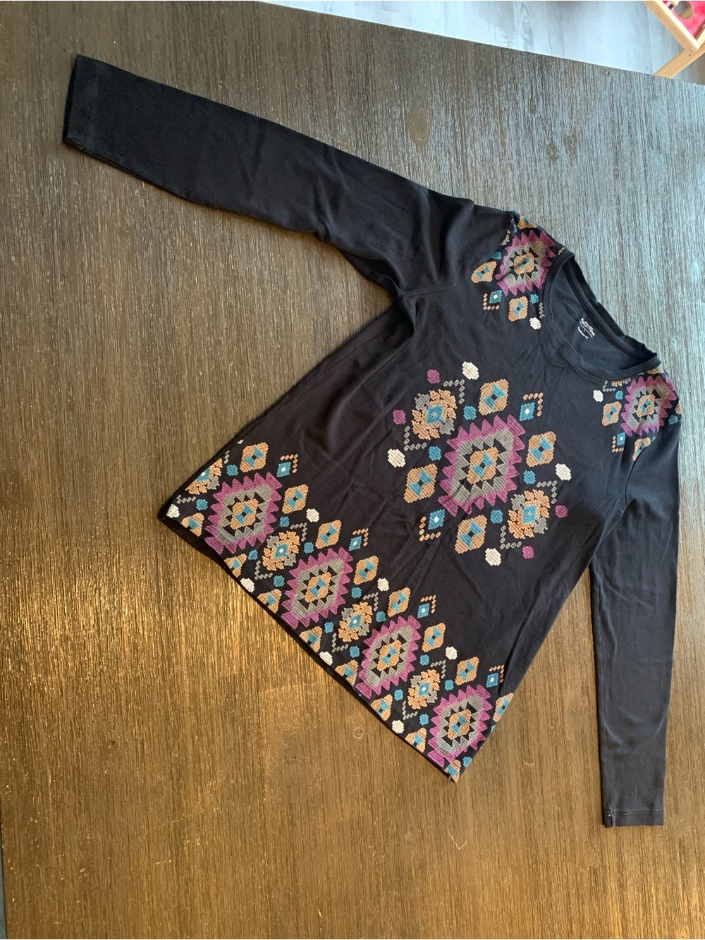 Northern Reflections Black Long-Sleeve Top with Colorful Geometric Embroidery